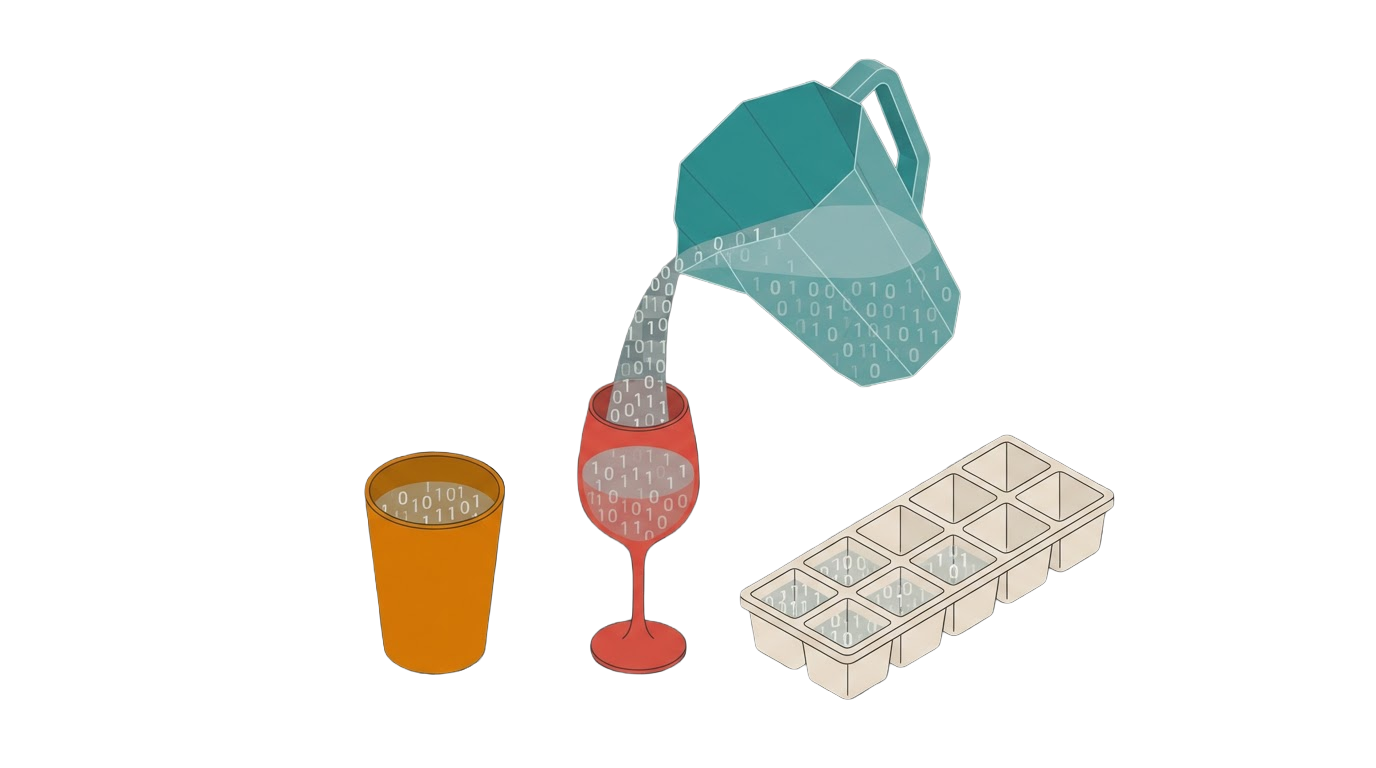 A pitcher pouring binary code into differently shaped vessels — illustrating how information is liquid in the AI era
